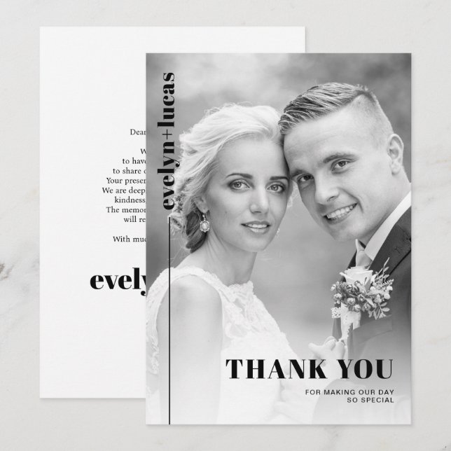Black, white typography minimalist photo wedding thank you card (Front/Back)