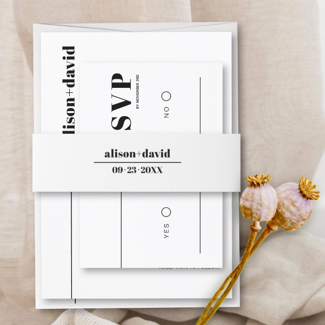 Black white typography minimalist wedding invitation belly band (Creator Uploaded)