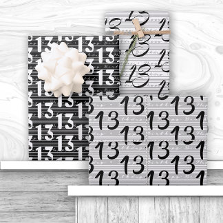  Black White Typography Numbers 13th Birthday Wrapping Paper Sheet