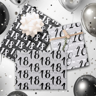  Black White Typography Numbers 18th Birthday Wrapping Paper Sheet