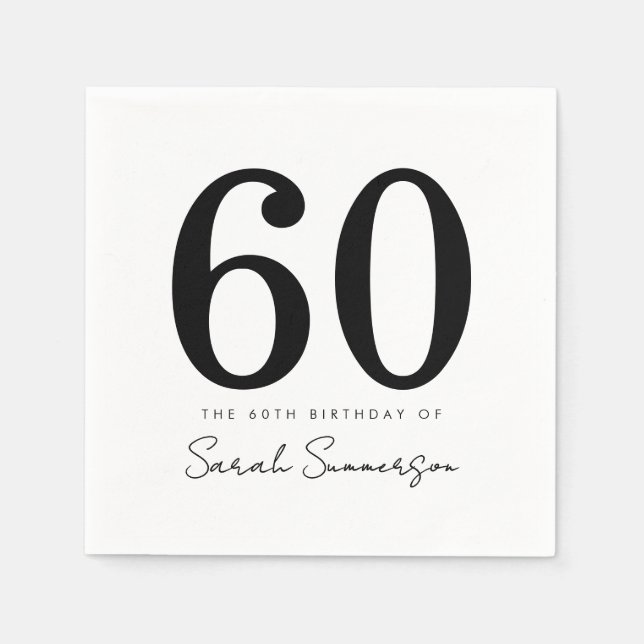 Black White Typography Sixty Name 60th Birthday Napkin (Front)