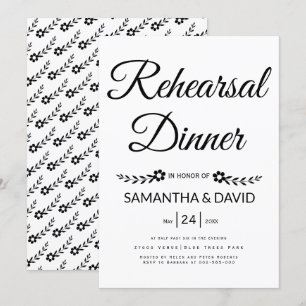 Black, white typography wedding rehearsal dinner invitation