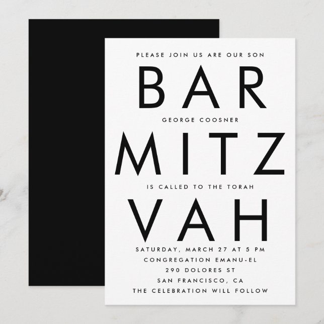 Black White Ultra Modern Bar Mitzvah Invitation (Front/Back)