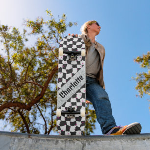 Black White Unique Checkerboard Style With Stars Skateboard