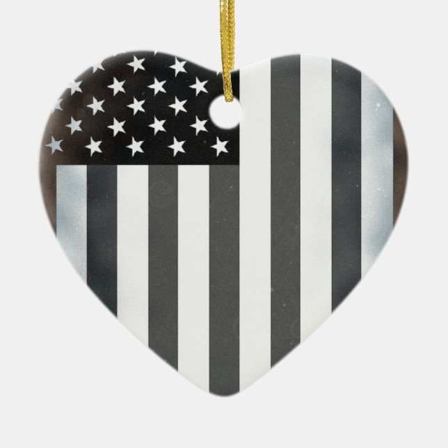 Black & White US American Flag Ceramic Tree Decoration (Front)