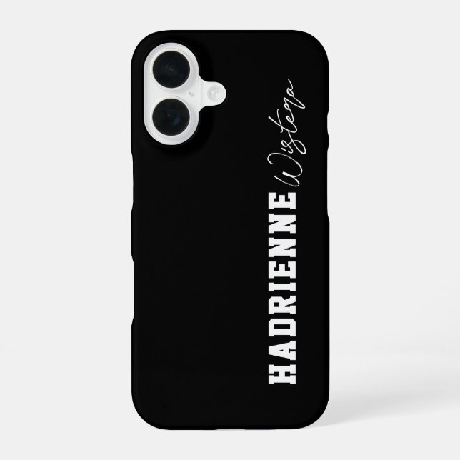 Black White Varsity College Monogram Script Name iPhone 16 Case (Back)