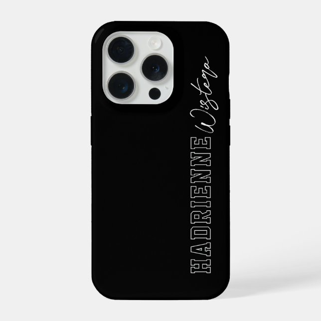Black White Varsity College Monogram Script Name iPhone Case (Back)