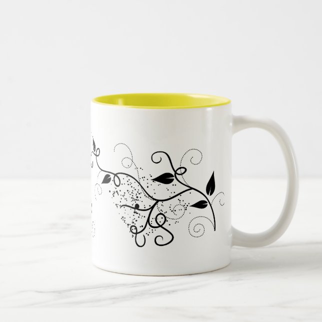 Black & white vector ivy swirl branch silhouette Two-Tone coffee mug (Right)