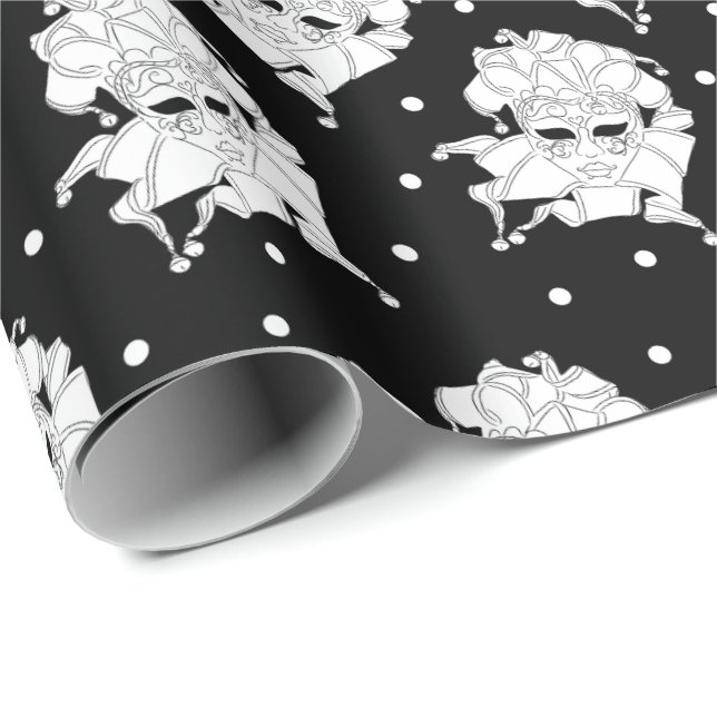 Black & White Venetian Carnival Masks Patterned Wrapping Paper (Roll Corner)