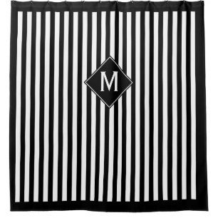 Black & White Vertical Stripes & Diamond Monogram Shower Curtain