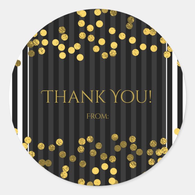 Black & White Vertical Stripes Gold Faux Foil Dots Classic Round Sticker (Front)