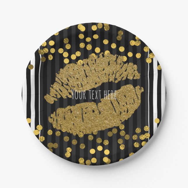 Black & White Vertical Stripes Gold Lips Kiss Paper Plate (Front)
