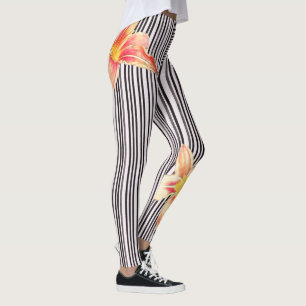 Black/White Vertical Stripes Orange Flowers Yoga Leggings