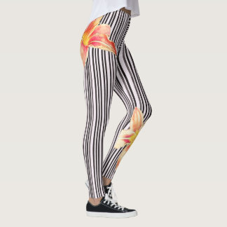 Black/White Vertical Stripes Orange Flowers Yoga Leggings