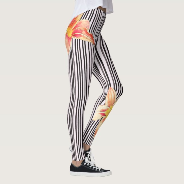 Black/White Vertical Stripes Orange Flowers Yoga Leggings (Right)