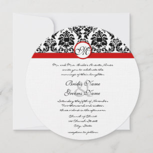 Black & White Victorian Damask Red Trim Wedding Invitation