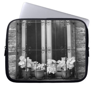 Black & White view of window and flower pots Laptop Sleeve