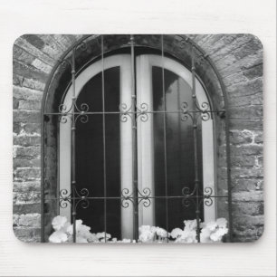 Black & White view of window and flower pots Mouse Mat