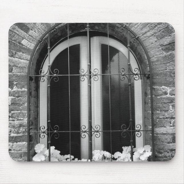 Black & White view of window and flower pots Mouse Mat (Front)