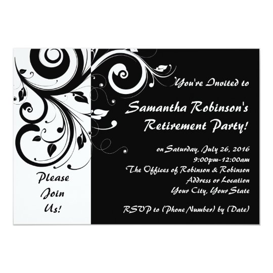 Black+White Vine Swirl Retirement Party Invitation