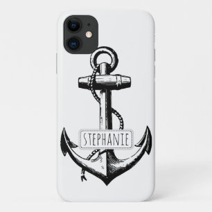 Black, white vintage anchor and name nautical iPhone 11 case