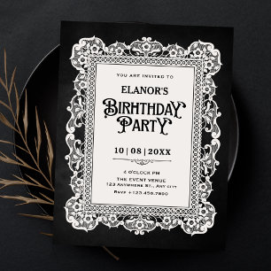 Black white vintage baroque birthday invitation