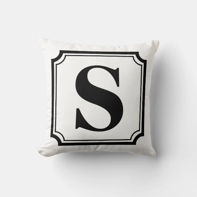 Black & White Vintage Border Monogram Pillow (Front)