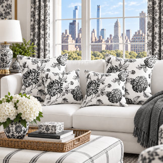 Black White Vintage Botanical Floral Toile Cushion