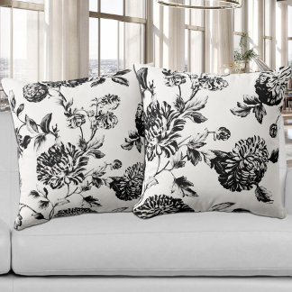 Black White Vintage Botanical Floral Toile Cushion
