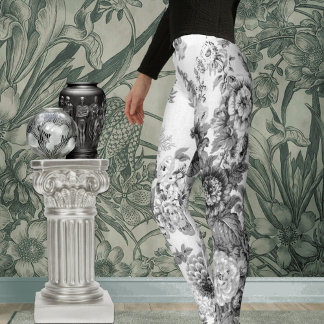 Black White Vintage Botanical Floral Toile Leggings