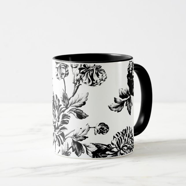 Black White Vintage Botanical Floral Toile Mug (Front Right)