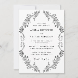 Black White Vintage Botanical Floral Wedding Invitation
