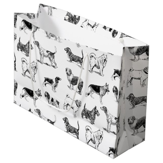 Black & White Vintage Dogs Pattern Large Gift Bag (Front Angled)