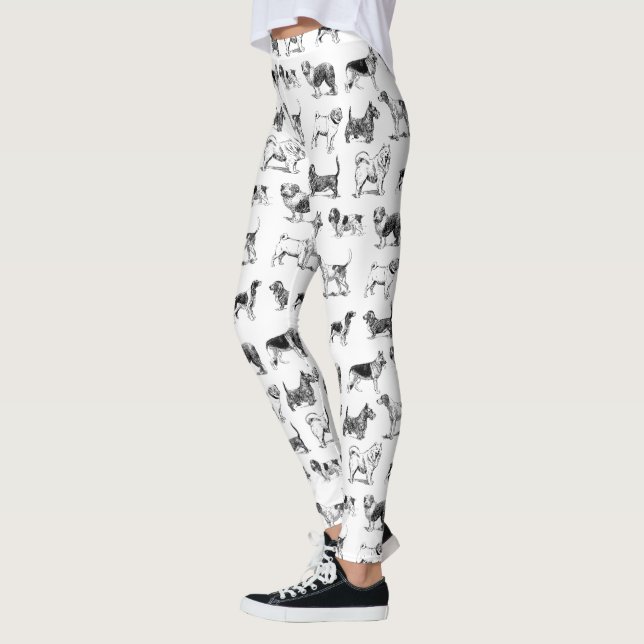 Black & White Vintage Dogs Pattern  Leggings (Left)