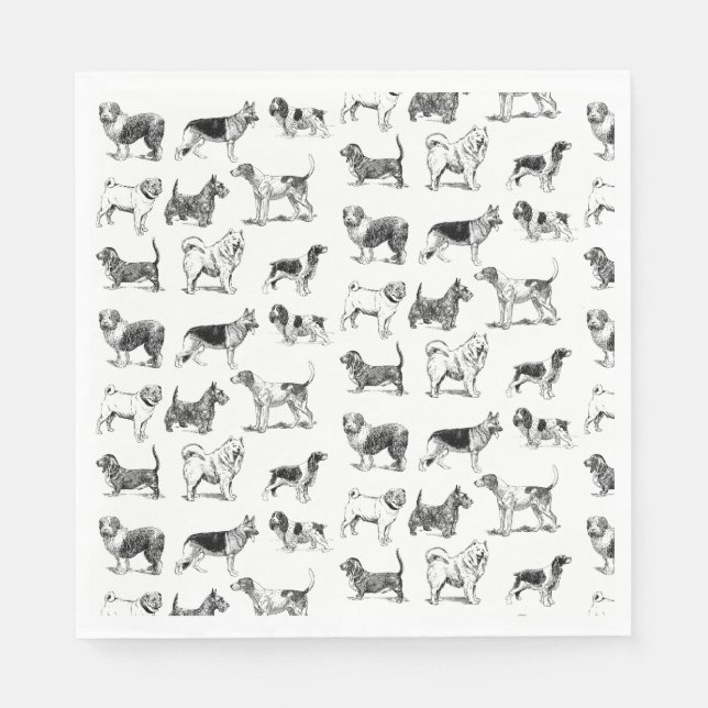 Black & White Vintage Dogs Pattern  Napkin (Front)