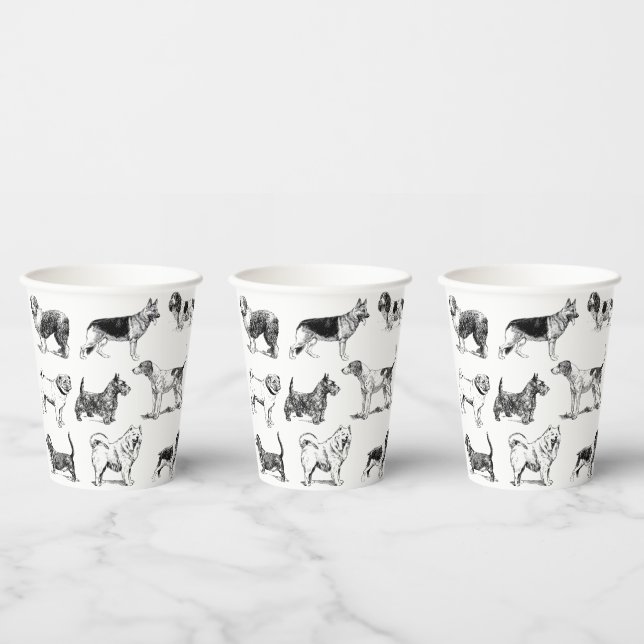 Black & White Vintage Dogs Pattern  Paper Cups (Multi)