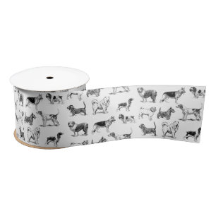 Black & White Vintage Dogs Pattern Satin Ribbon