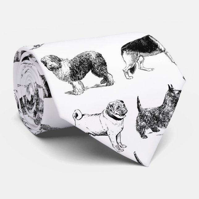 Black & White Vintage Dogs Pattern Tie (Rolled)