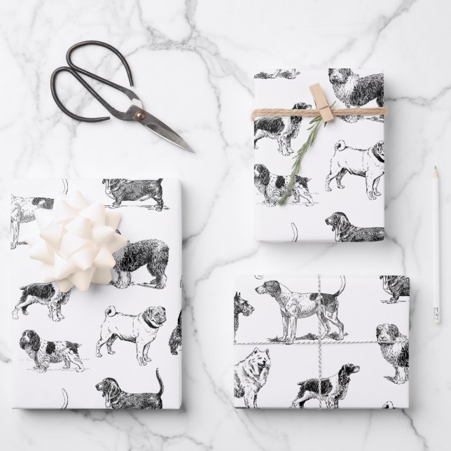 Black & White Vintage Dogs Pattern  Wrapping Paper Sheet (Front)