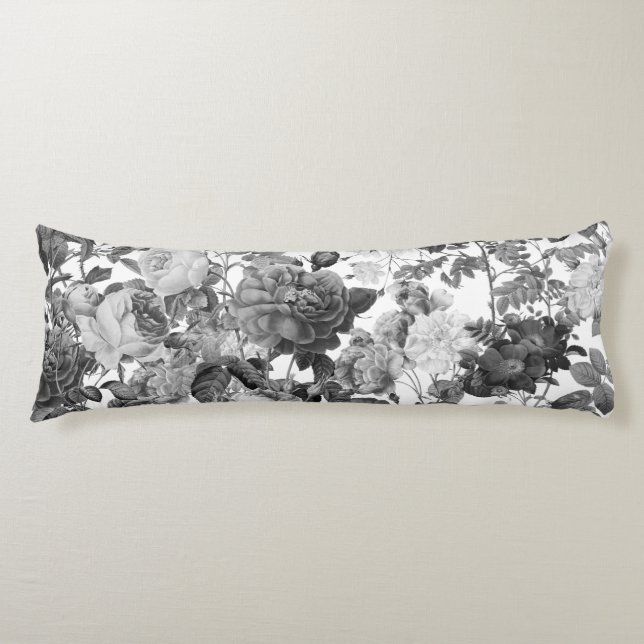 Black  White Vintage Floral Body Cushion (Front)