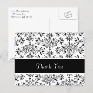 Black White Vintage Floral Damask Thank You Postcard