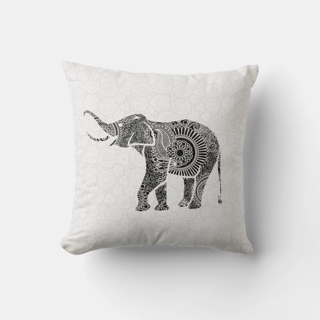 Black & White Vintage Floral Elephant-Monogram Cushion (Front)