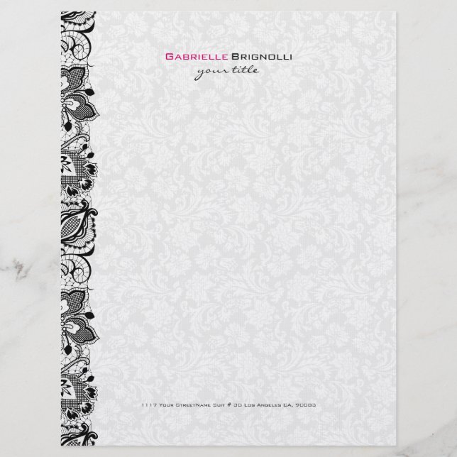 Black & White Vintage Floral Lace Custom Letterhead (Front)