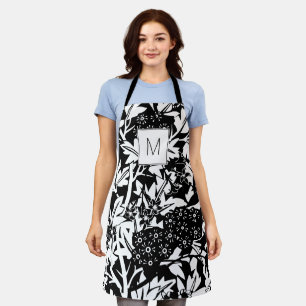 Black White Vintage Floral Monogram Apron