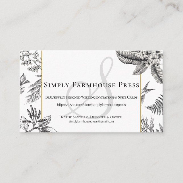 Black White Vintage Floral Monogram Business Card (Front)