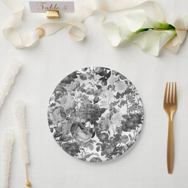 Black  White Vintage Floral  Paper Plate (Wedding)