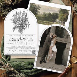 Black & White Vintage Floral Photo Arch Wedding Invitation