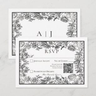 Black & White Vintage Floral QR Code Wedding RSVP Card