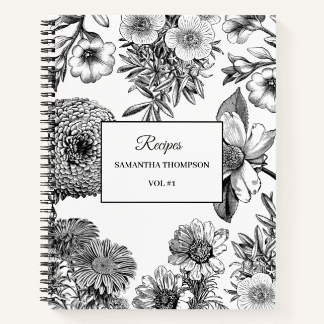 Black White Vintage Floral Recipe Cookbook Notebook (Front)