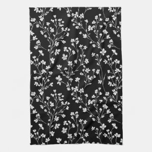 Black White Vintage Floral Seamless Pattern (4) Tea Towel